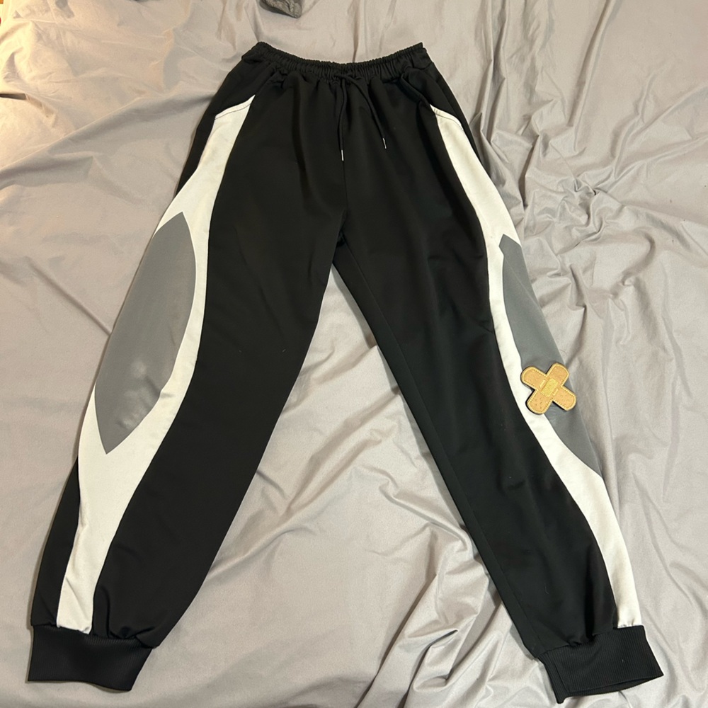 DIY athletic drawstring pants with band aid decal